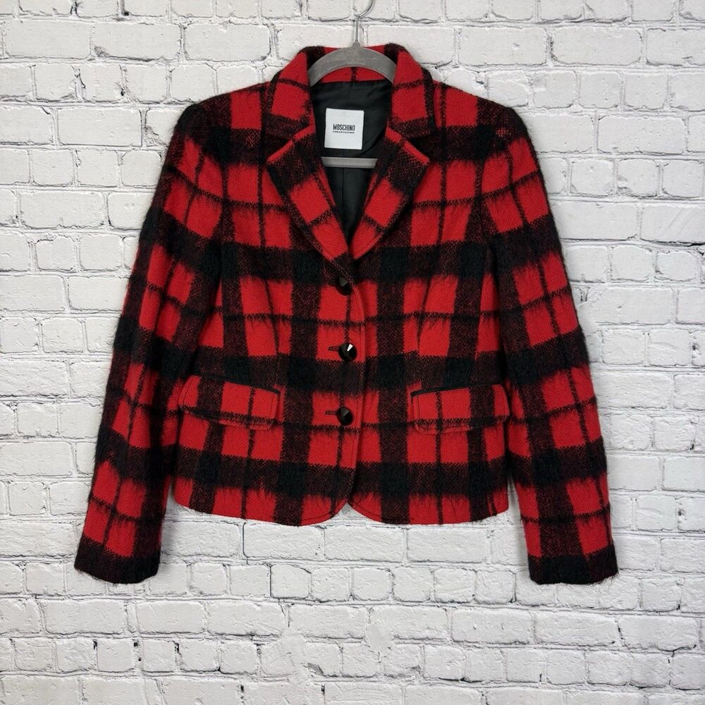 Moschino Cheap and Chic Red Black Buffalo Plaid Wool Cropped Blazer Women Size 8